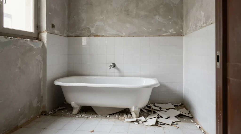 Baño de un piso en Madrid con el alicatado retirado durante una demolición interior