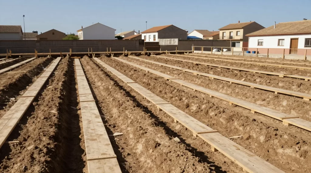 Zanjas de cimentación excavadas en un solar con encofrado de madera